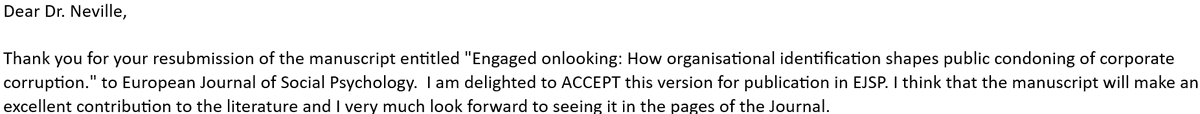 "Engaged onlooking: How organisational identification shapes public condoning of corporate corruption" accepted to EJSP! Full thread to follow soon with details. It's been the product of several years work with <a href="/MaaikeHoman/">Maaike Homan</a> <a href="/alexanderhaslam/">Alex Haslam</a> <a href="/NikSteffens/">@NikSteffens</a> and Steve Reicher.