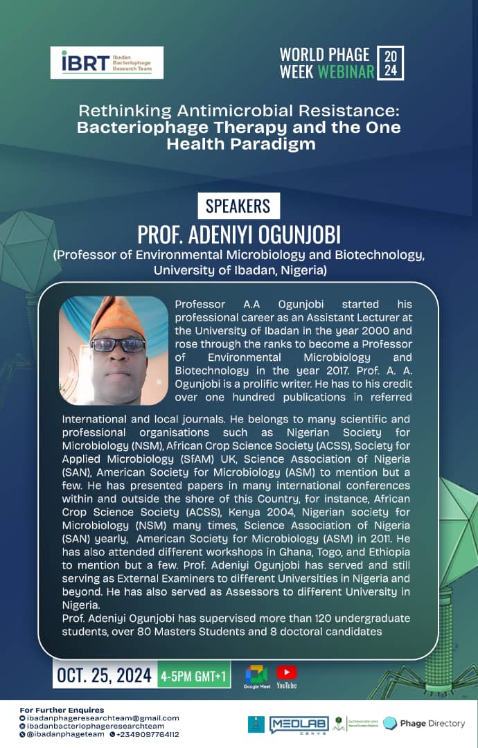IbadanPhageTeam's tweet image. Up next is Professor Adeniyi Ogunjobi who will be discussing, &quot;Success Stories in Environmental Phage Interventions: Lessons from the Field&quot;.

It&apos;s imperative for us to know what has been done so far, what is being done and future directions as regards phage interventions in AMR