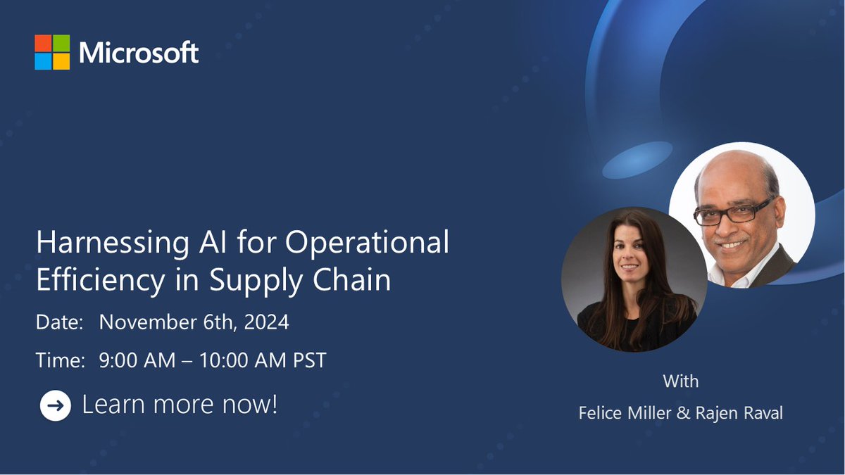 Join us Nov 6th as we discuss: Gaining end to end Operational Efficiency, Demand Planning and Optimization, Supply Chain Visibility to help mitigate and anticipate disruption, and creating sustainable operations.
Register msevents.microsoft.com/event?id=17151…