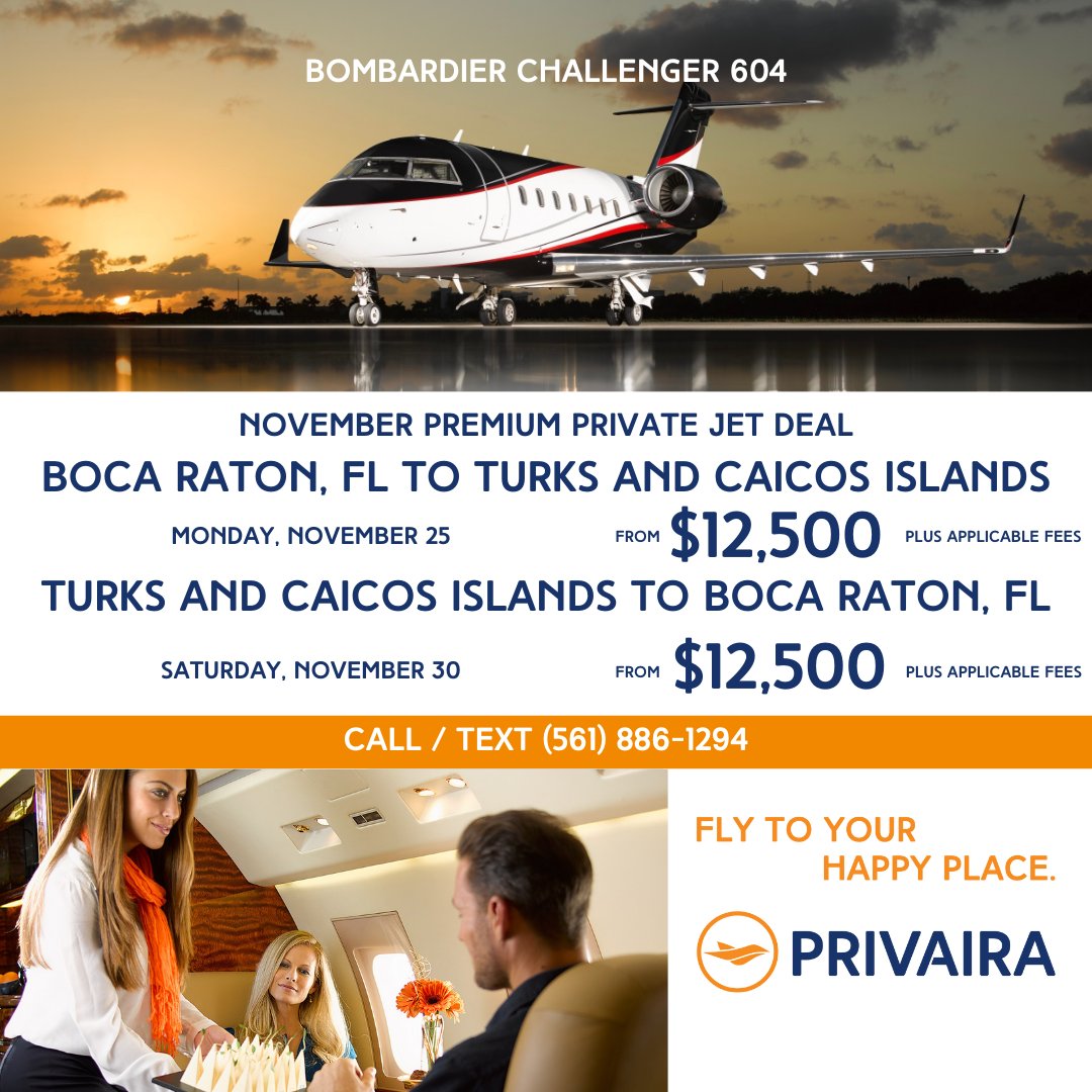 PRIVAIRA presents a Premium Private Jet Deal “Turks and Caicos Islands" from our own fleet

Call/text us today for more information (561) 886-1294

#FlyPRIVAIRA #TurksandCaicosIslands #VacationGetaway #FlyPrivate #PrivateJet #LuxuryTravel #PrivateJetCharter #PrivateAviation
