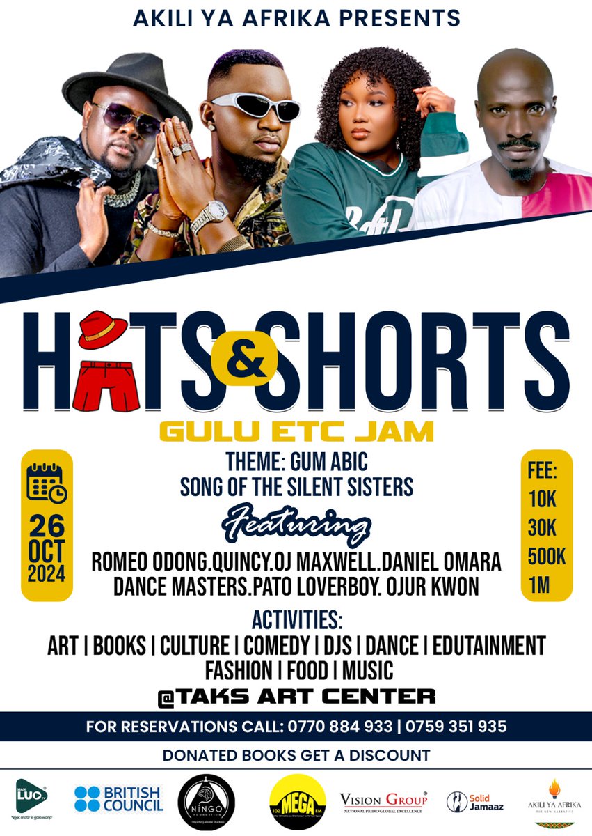 DtOfficiol's tweet photo. Will Perform The Global Hit #Pililili_Yoo_Leng on Sato #26th_Oct at Taks Art Community Centre.
Multi Award Musician @OdongRomeo will declare the power of Anoitting with with his energetic massive performance. See Y'all there.
#HatsAndShorts E.T.C Gulu. https://t.co/cwVnGusNUo