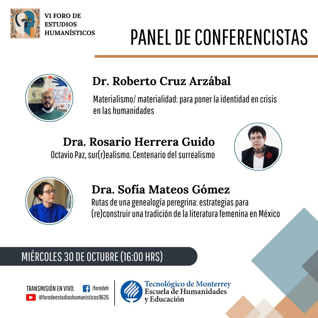 foro_deh's tweet photo. Hablemos de literatura femenina, de surrealismo, de materialidad y de cómo todos estos elementos han contribuido a la construcción de nuestra identidad.
Reflexionemos juntos el próximo miércoles 30 de octubre https://t.co/7Xx7EeAabq