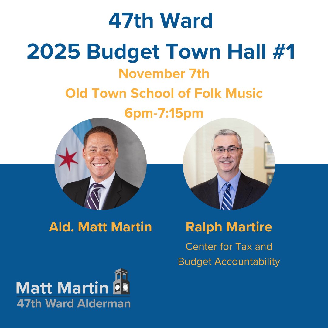 Alderman Matt Martin (@aldmattmartin) on Twitter photo The formal 2025 City Budget Process is about to begin, and we want to hear from you.
Join Ralph Martire from the Center for Tax and Budget Accountability and myself for an overview of the budget process.
RSVP and share any questions you have here: bit.ly/47BudgetTownHa… The formal 2025 City Budget Process is about to begin, and we want to hear from you.
Join Ralph Martire from the Center for Tax and Budget Accountability and myself for an overview of the budget process.
RSVP and share any questions you have here: bit.ly/47BudgetTownHa…
