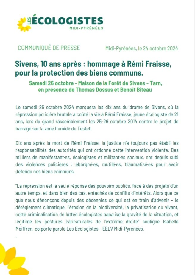 EELV_midi_py's tweet photo. 💧10 ans après la mort de Rémi Fraisse nous serons présent-e-s au rassemblement à la maison de la Forêt de Sivens pour rappeler que la vigilance est toujours de mise et que la répression ne peut pas être la réponse des pouvoirs publics

Notre communiqué 👇 https://t.co/NJflrnkGwP