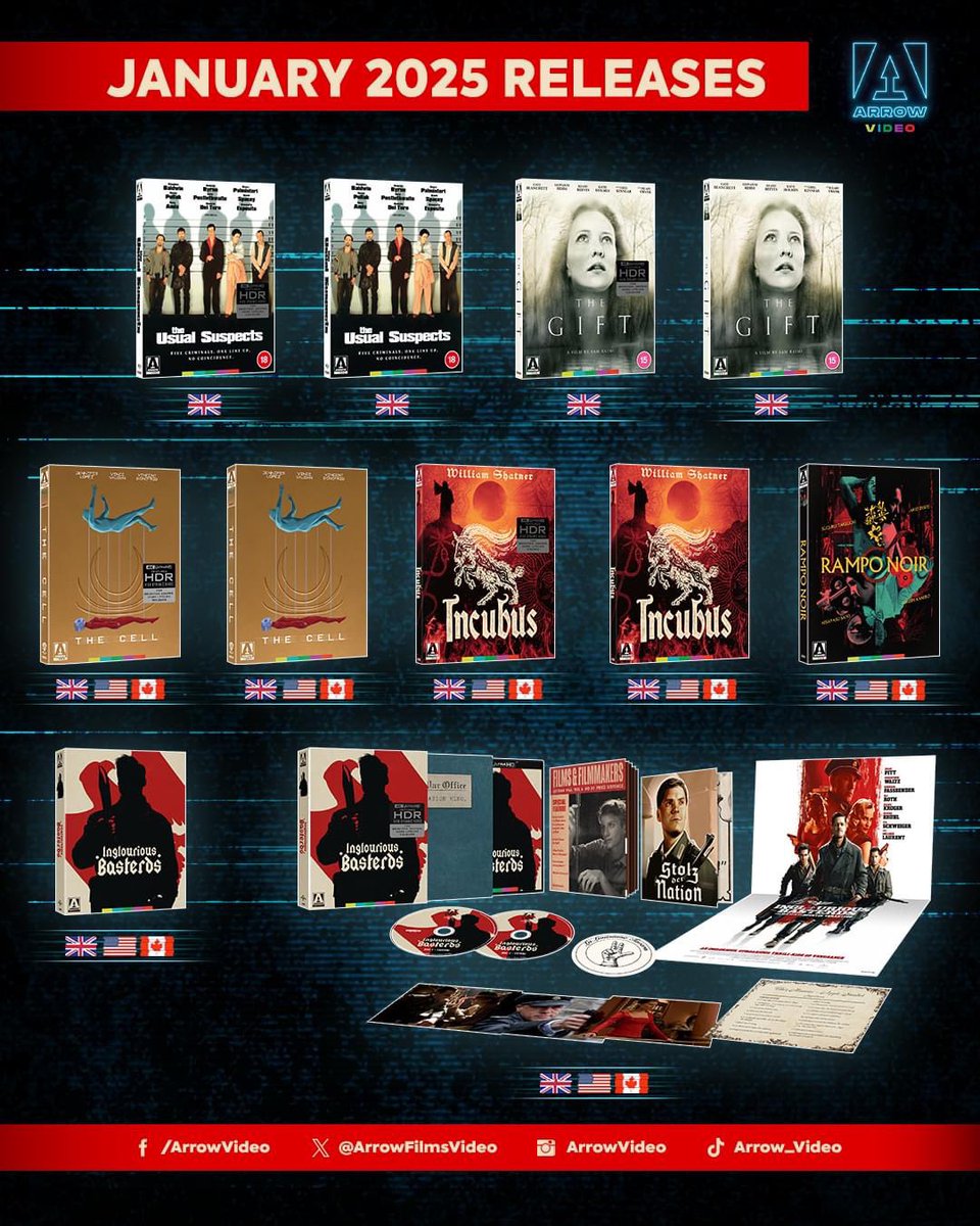 Arrow Video January announcements

10% off using code ARROWOCT10 and the below links 

 Inglorious Basterds 4k tidd.ly/4e9quZa
Usual Suspects 4k tidd.ly/3A2WU9J
The Gift 4k tidd.ly/4fhHT2F
The Cell 4k tidd.ly/3YyPpR7

tidd.ly/4dZbtZF