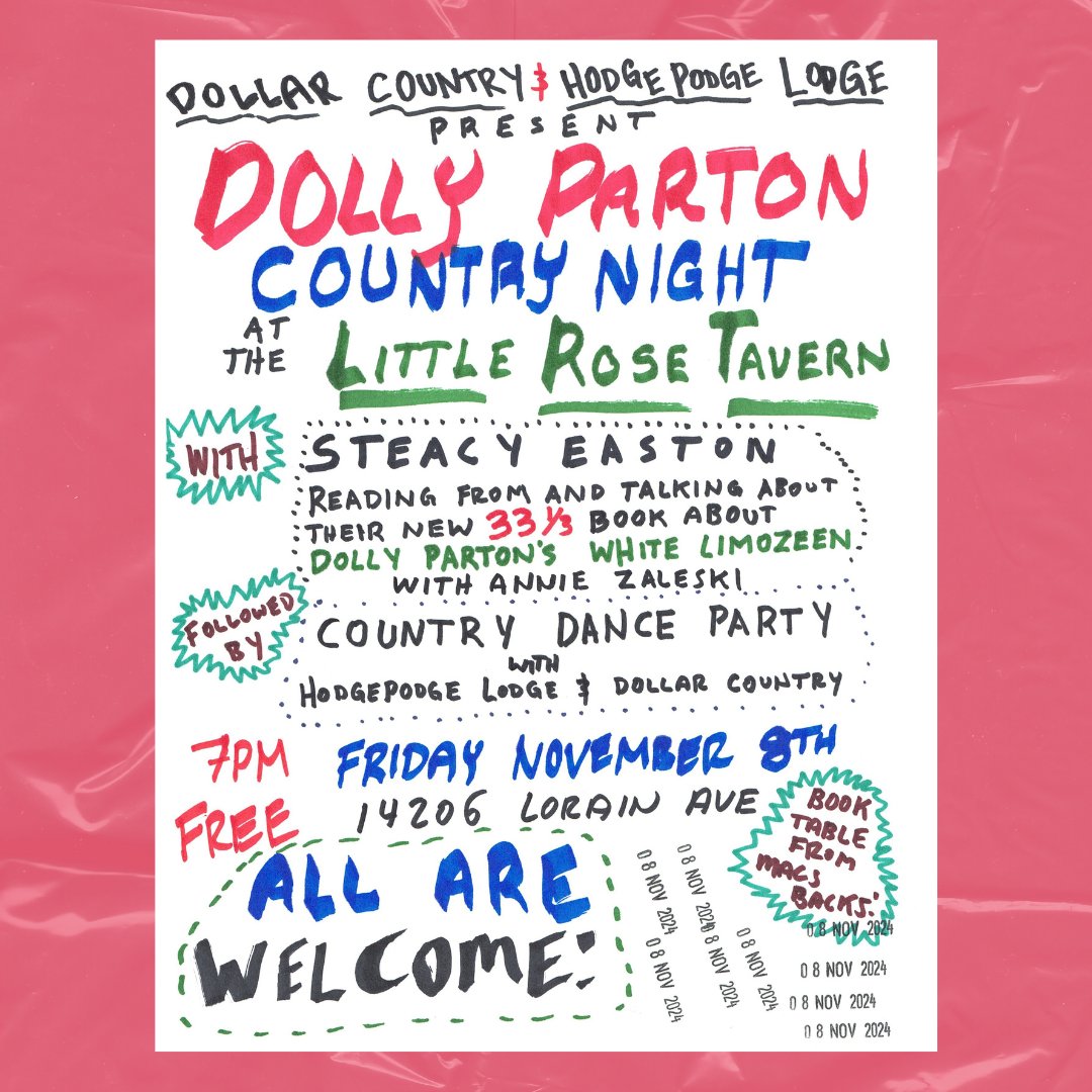 Some fun event news... 🤠 On Friday Nov 8th author Steacy Easton will be in Cleveland chatting to <a href="/anniezaleski/">Annie Zaleski</a> about their new 33 1/3, <a href="/dollyparton/">Dolly Parton</a>'s White Limozeen. There'll be a country dance party courtesy of <a href="/dollarcountry/">Dollar Country</a> and Hodgepodge Lodge, and books from @macs_backs, .