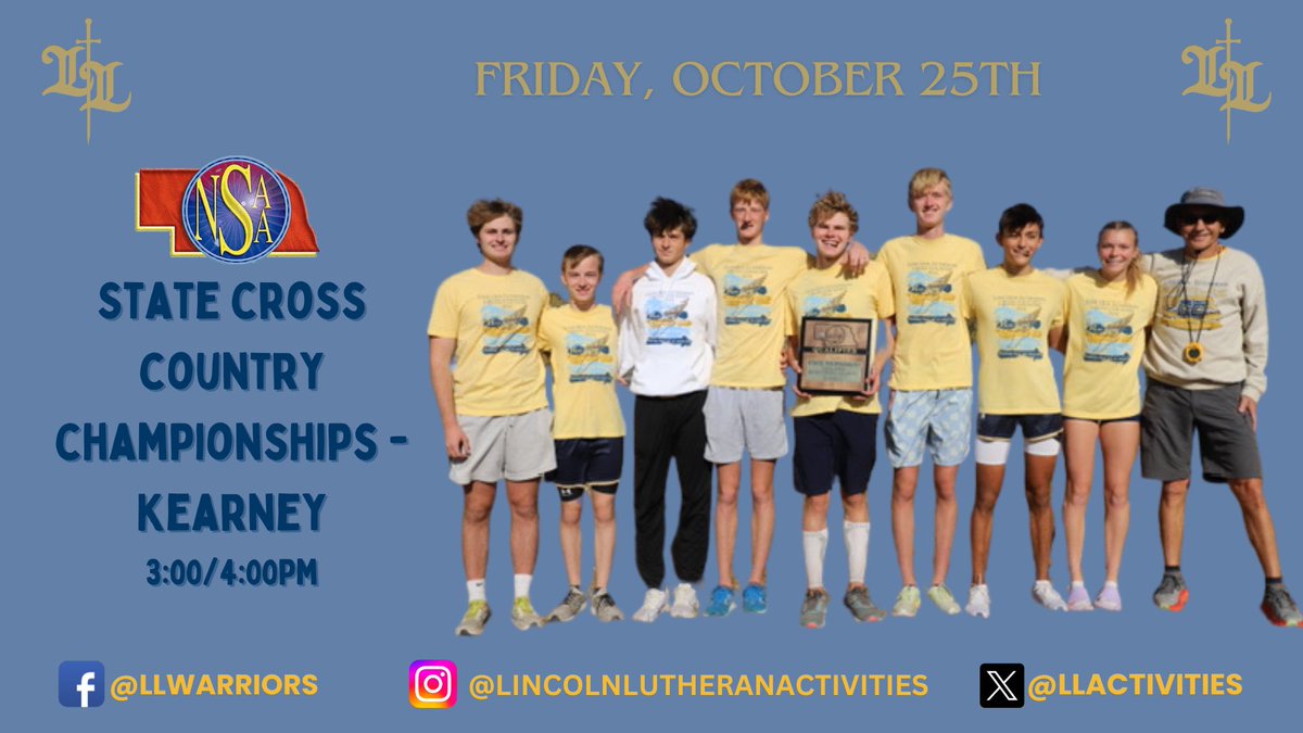The Warriors will be well represented today in Kearney - good luck to the boys team &amp; Sawyer! 

Buy online tickets here: nsaahome.org/nsaa-cross-cou…

<a href="/LLWarriorsXC/">LincolnLutheranXC</a> #WeAreWarriors