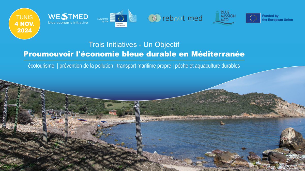 🚨Trois Initiatives - Un Objectif!  Rejoignez-nous pour une journée dédiée à  la promotion de l’économie bleue durable en #Méditerranée.

Organisée par trois initiatives majeures:  L’initiative #WestMED, #REBOOTMED et <a href="/bluemissionmed/">BlueMissionMed</a>.

Thèmes principaux: 
☑️Écotourisme