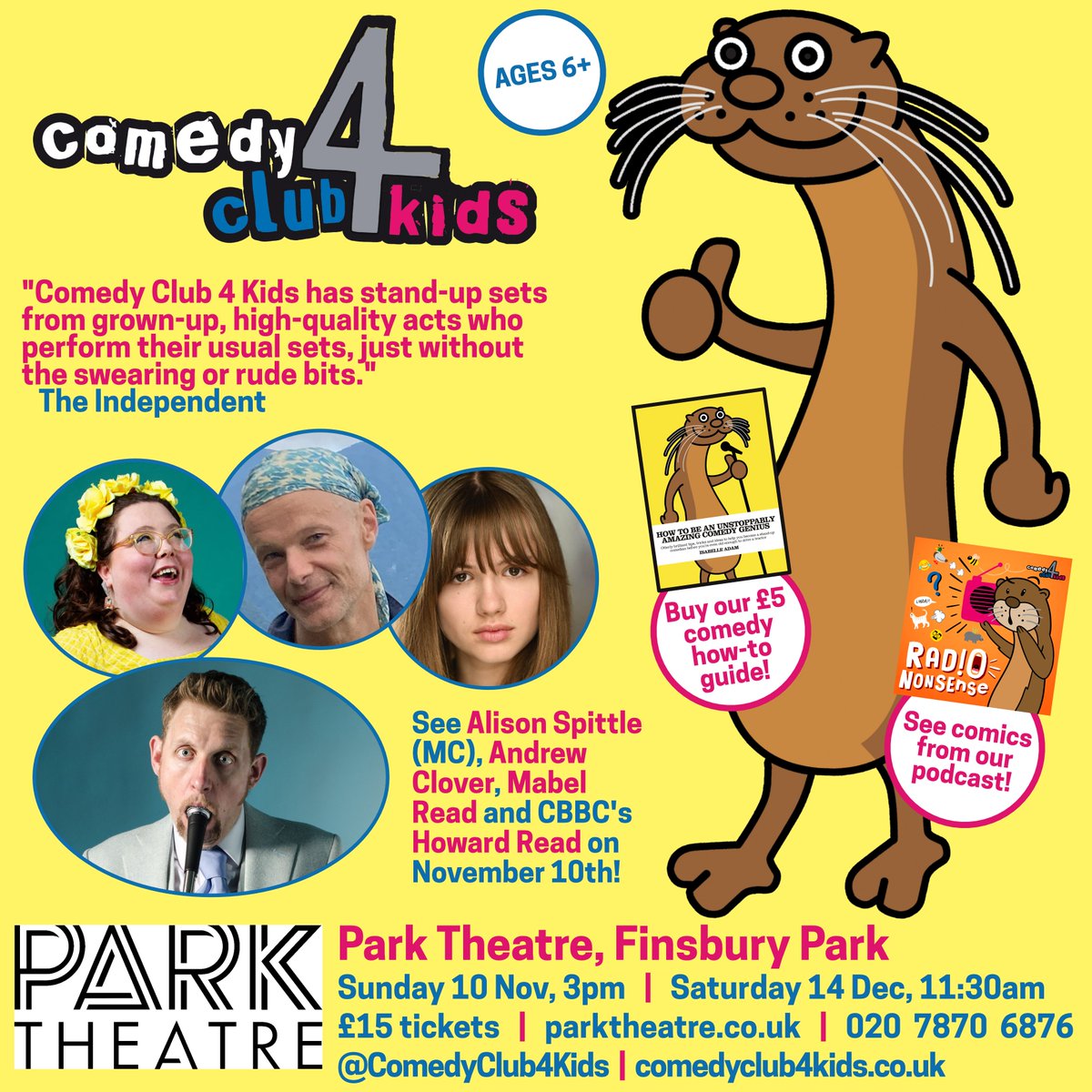 Comedy Club 4 Kids (@comedyclub4kids) on Twitter photo Finsbury Park! KIDS! We're back at <a href="/ParkTheatre/">Park Theatre</a> on Sunday 10th November, with <a href="/AlisonSpittle/">Alison Spittle</a> MCing storytelling comic <a href="/AndrewClover/">Andrew Clover</a>, musical comic <a href="/SamsonMabel1/">Mabel Read Performer</a>, and musical storytelling comic & cartoonist & Guess Who helmsman Howard Read! JOIN US!
🎟️ parktheatre.co.uk/event/comedy-c… Finsbury Park! KIDS! We're back at <a href="/ParkTheatre/">Park Theatre</a> on Sunday 10th November, with <a href="/AlisonSpittle/">Alison Spittle</a> MCing storytelling comic <a href="/AndrewClover/">Andrew Clover</a>, musical comic <a href="/SamsonMabel1/">Mabel Read Performer</a>, and musical storytelling comic & cartoonist & Guess Who helmsman Howard Read! JOIN US!
🎟️ parktheatre.co.uk/event/comedy-c…