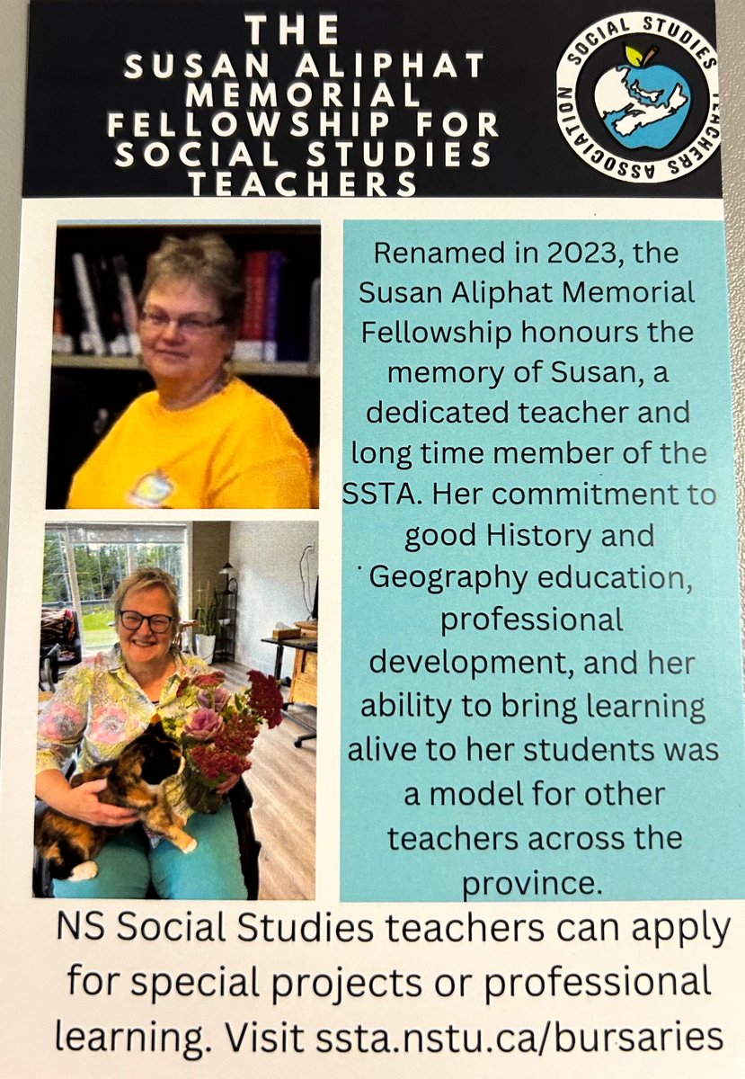 The NSSSTA offers Social Studies Teachers a $500 dollar fellowship award go to the following link to apply: SSTA.nstu.ca/bursaries #staythecourse