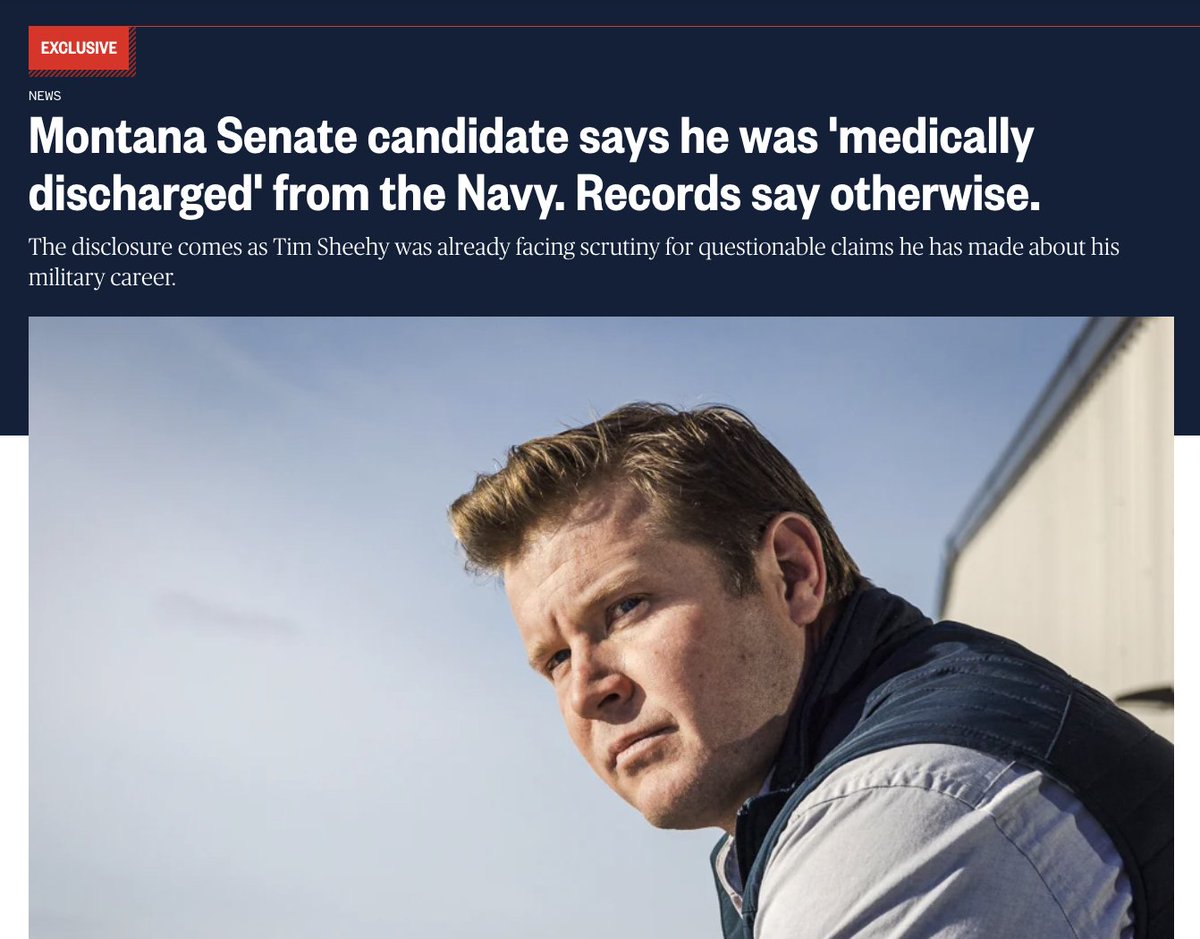 Big breaking news from yesterday -- NBC News reported that Tim Sheehy repeatedly claimed he was discharged from the military for medical reasons. 

Records show Sheehy voluntarily resigned, and "does not list any medical condition that forced him out of uniform." #mtpol #mtsen