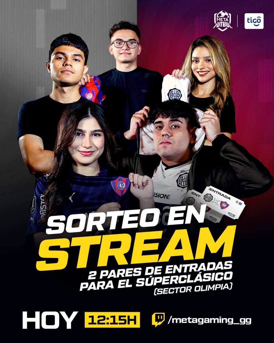 Meta Gaming 〽️ (@metagamingpy) on Twitter photo ¡ESTAMOS EN VIVO REGALANDO MÁS ENTRADAS!
Unite al stream y enterate de como ganar 2 pares de entradas más, cortesía de <a href="/TigoParaguay/">Tigo Paraguay</a> 👀🏟️
🖥️ twitch.tv/metagaming_gg
#GoMeta〽️ #SuperClasicoConTigo ¡ESTAMOS EN VIVO REGALANDO MÁS ENTRADAS!
Unite al stream y enterate de como ganar 2 pares de entradas más, cortesía de <a href="/TigoParaguay/">Tigo Paraguay</a> 👀🏟️
🖥️ twitch.tv/metagaming_gg
#GoMeta〽️ #SuperClasicoConTigo