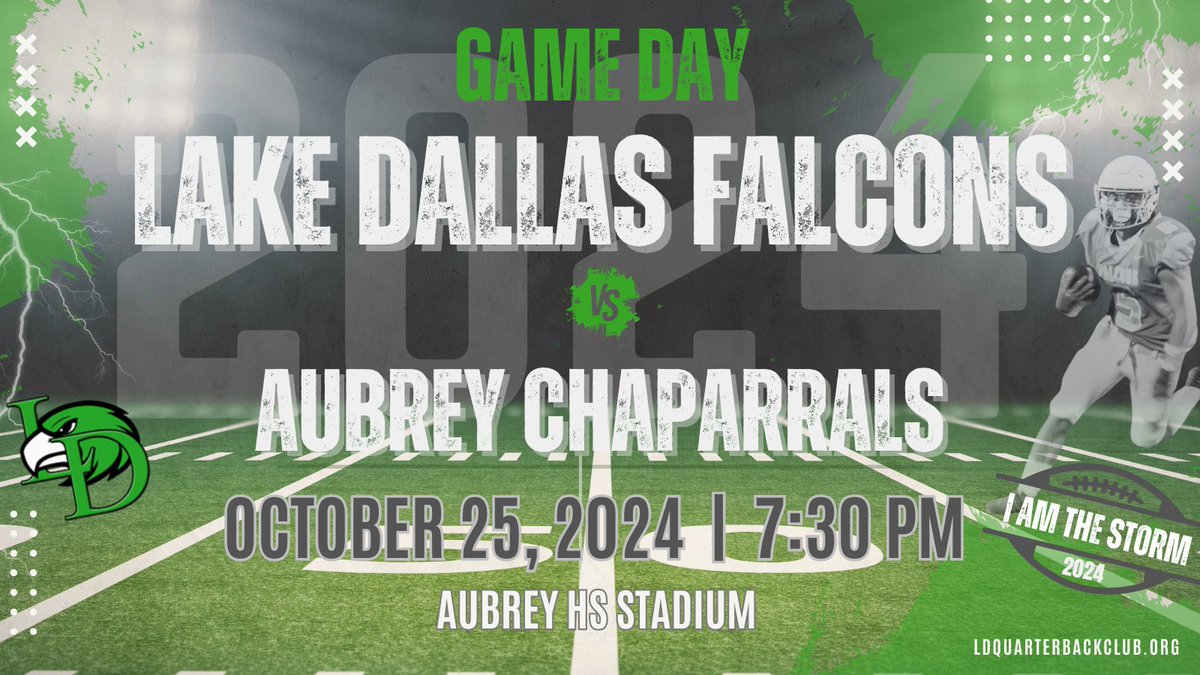 🏈 GAME DAY! 🦅Falcons take on the Aubrey Chaparrals Tonight at Aubrey HS Stadium @ 7:30 PM! 
🎟️ bit.ly/3BV43Jw
📻 Tune in to our BROADCAST TEAM 📡 on FM! Catch the stream on LDQBC YouTube: youtube.com/@lakedallasqua…. 
Go Falcons! 💪 #IamTheSTORM #LDHSfootball #GoFalcons