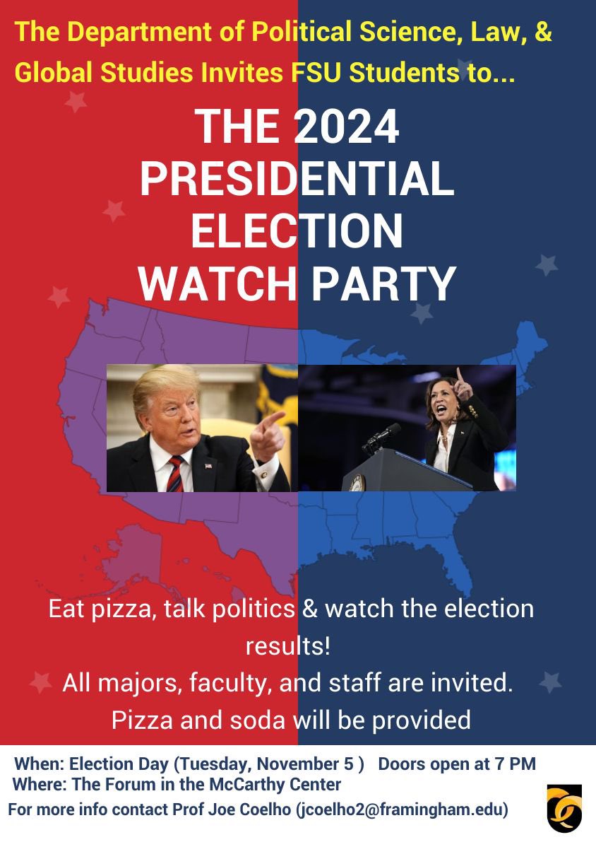 After you vote on November 5, head to the McCarthy Center Forum and follow all the updates of election night with other Rams!

Doors open at 7 🗳️

#FramState #FSURams #ElectionNight #FraminghamStateUniversity