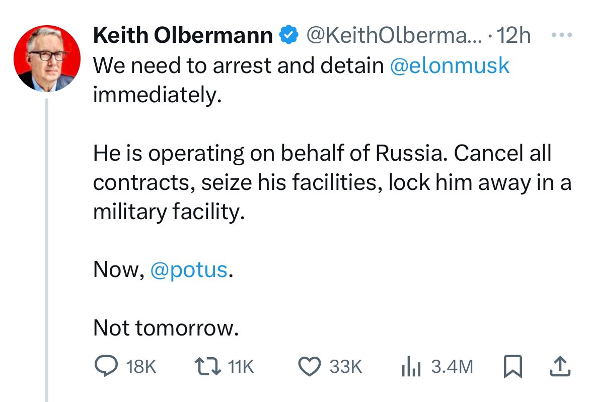MAGA is big mad at Keith Olbermann.

Who else agrees with him that we should arrest Elon Musk for operating as a foreign agent?