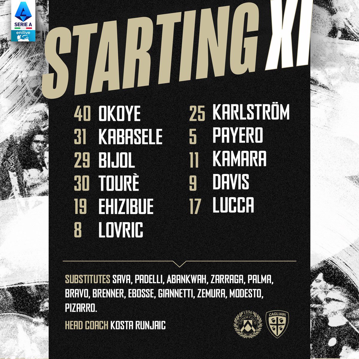 Starting XI 🙌 
I primi 1️⃣1️⃣ scelti da Mister Runjaic per #UdineseCagliari 

⚪️⚫️ #ForzaUdinese #AlèUdin #SerieAEniLive