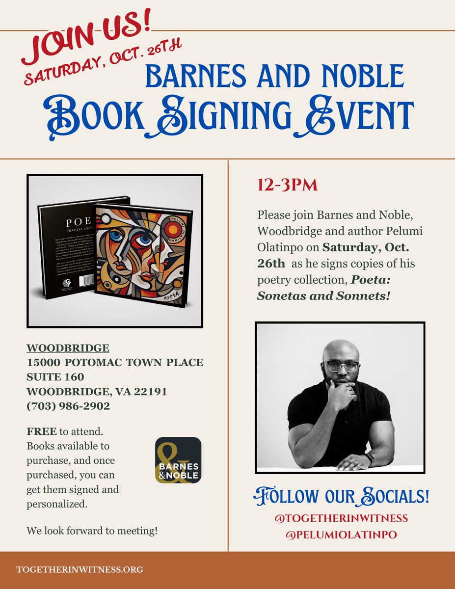 pelumiolatinpo's tweet photo. If you’re in the Washington D.C. metro area, join me tomorrow at the #BarnesAndNoble  bookstore in Woodbridge, VA. I would be signing copies of my seminal work, Poeta. Look forward to seeing you!

#Writer #Poeta #WritingCommunity #soneta #justice #poem #poetry #poetrycommunity #bookstore #booksigning #booklovers