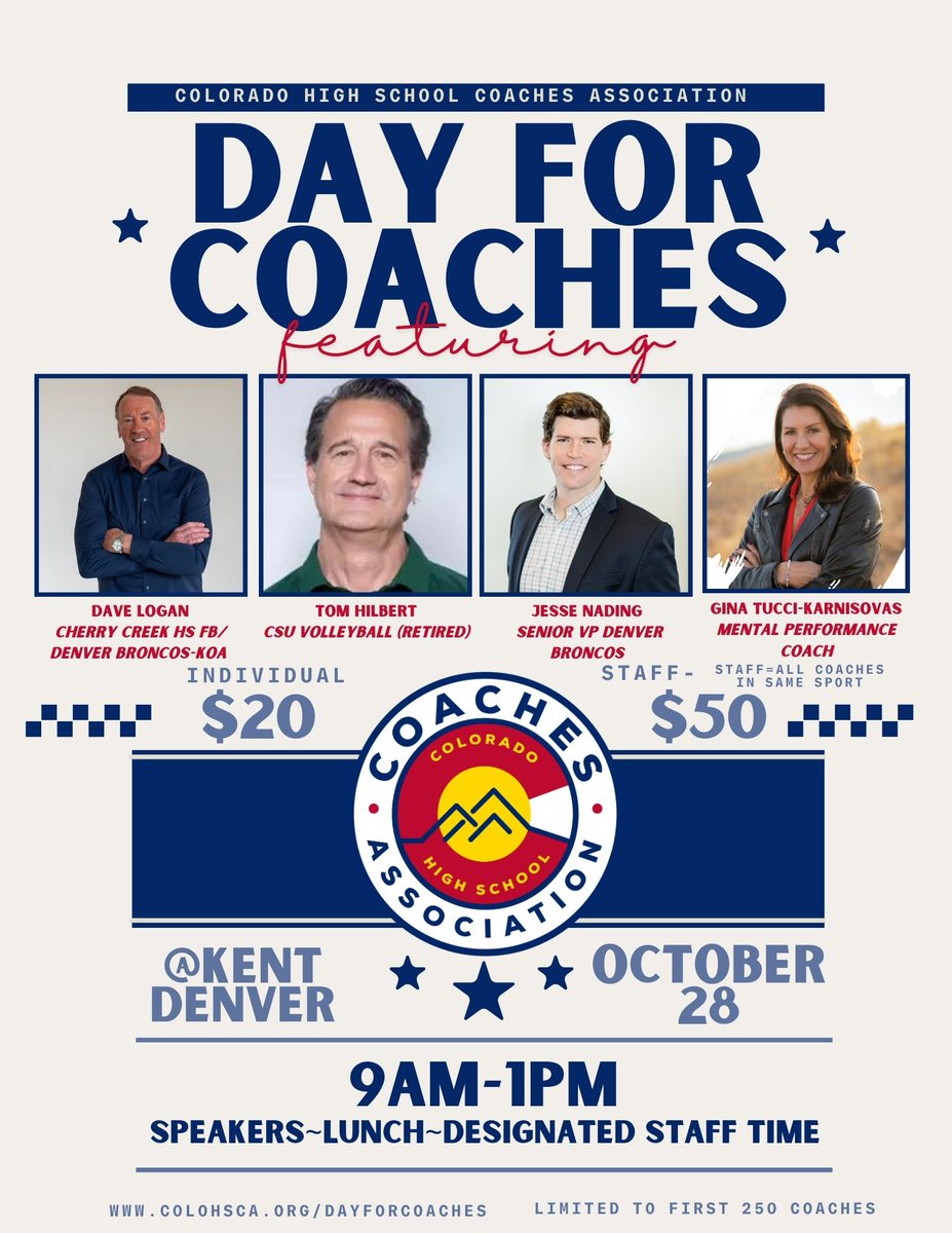 Colorado HS Coaches (@chsca) on Twitter photo Last Call to Register for Monday's (Oct. 28) DAY FOR COACHES. We have a great lineup and day planned. See you there! colohsca.org/dayforcoaches
<a href="/CHSAANow/">CHSAANow</a> <a href="/CADAColorado/">CADA</a> <a href="/daveloganpod/">The Dave Logan Podcast</a> <a href="/CoachHilbert/">Tom Hilbert</a> <a href="/nadingjesse/">Jesse Nading</a> <a href="/BTSMindCoach/">Gina Tucci (Karnisovas)</a> <a href="/CHSCAAllState/">CHSCA ALL STATE GAMES</a> <a href="/coloradopreps/">Colorado Preps</a> Last Call to Register for Monday's (Oct. 28) DAY FOR COACHES. We have a great lineup and day planned. See you there! colohsca.org/dayforcoaches
<a href="/CHSAANow/">CHSAANow</a> <a href="/CADAColorado/">CADA</a> <a href="/daveloganpod/">The Dave Logan Podcast</a> <a href="/CoachHilbert/">Tom Hilbert</a> <a href="/nadingjesse/">Jesse Nading</a> <a href="/BTSMindCoach/">Gina Tucci (Karnisovas)</a> <a href="/CHSCAAllState/">CHSCA ALL STATE GAMES</a> <a href="/coloradopreps/">Colorado Preps</a>
