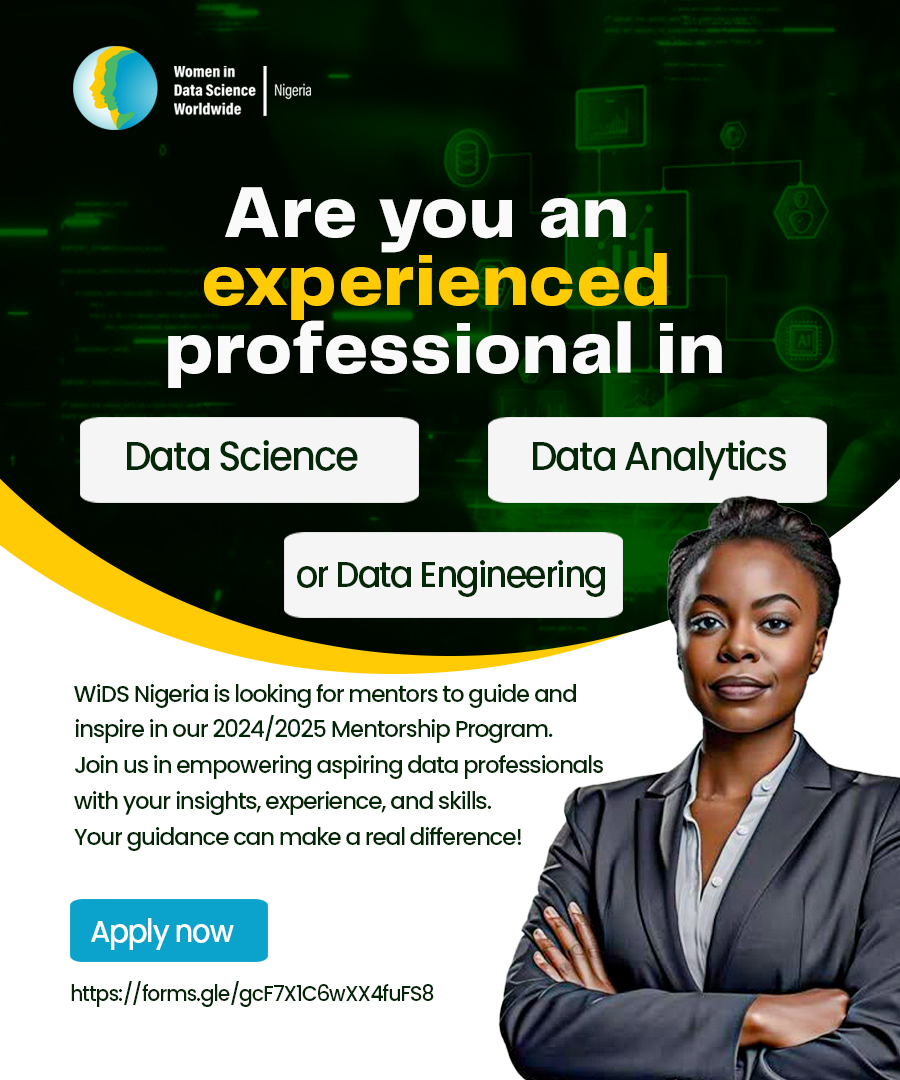 Wids_Nigeria's tweet photo. 📢 WiDS Nigeria 2024/2025 Mentorship Program – Mentor Applications Open! 📢

🔗 Apply to be a mentor by filling out the form below: https://t.co/CyMxAXQ7sd

#WiDSNigeria #Mentorship #WomenInTech #DataScienceMentor #GiveBack #TechLeadership #MentoringTheFuture https://t.co/Z28MVEqzGD