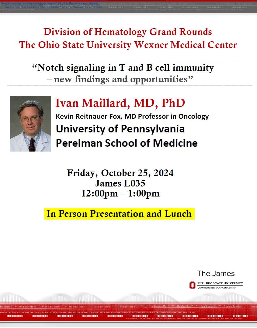 Happening soon - see us at noon! 
So excited to welcome Dr.Ivan Maillard to OSU! Can’t wait to hear the coolest stuff happening with Notch signaling!!!  <a href="/OSUHematology/">Ohio State Hematology</a>