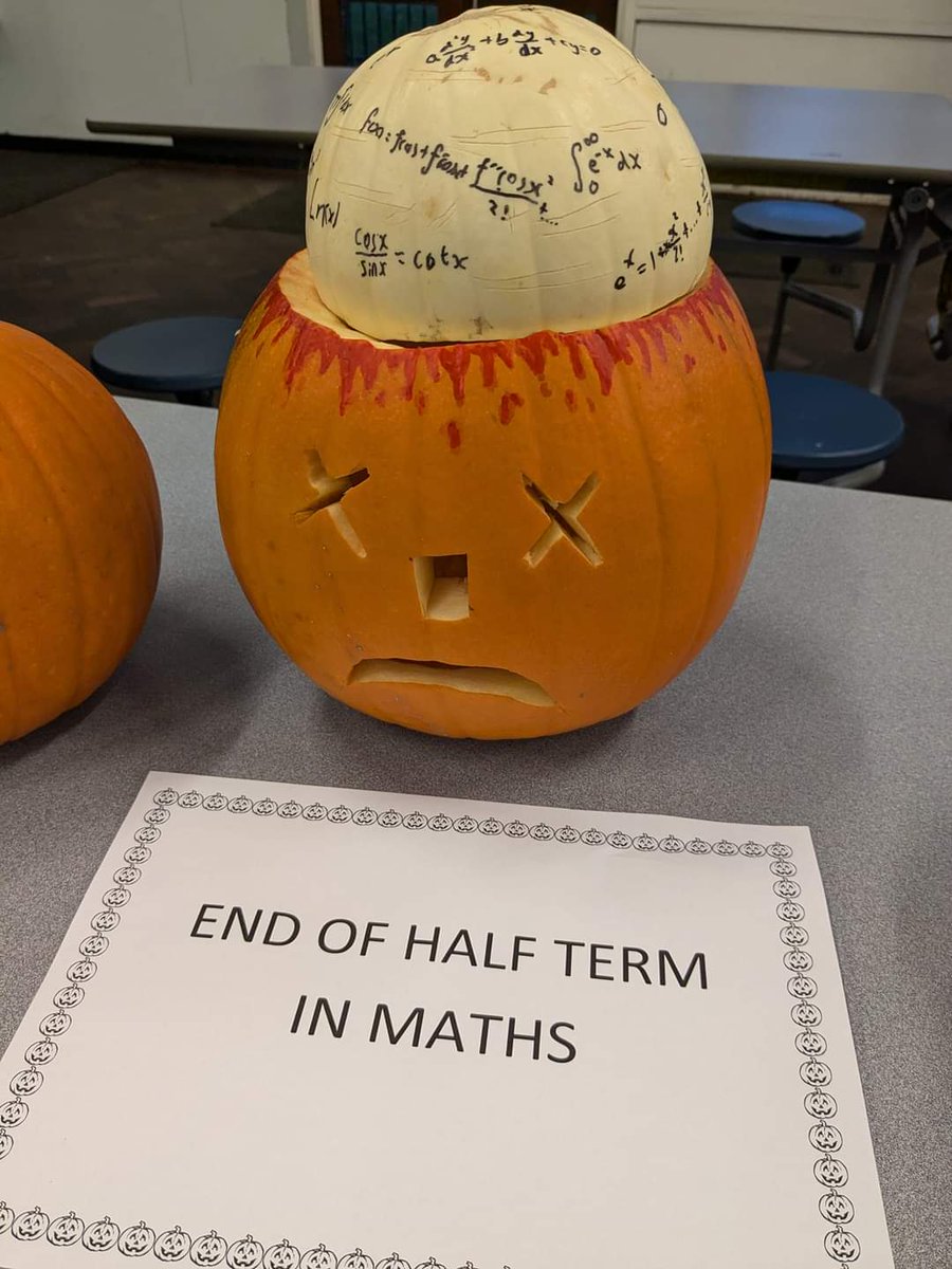 KSJT2015's tweet photo. Pumpkin creation by Team Maths to celebrate the fact we've survived a very long half term... just! 😂🎃 https://t.co/24WEe6tfPT
