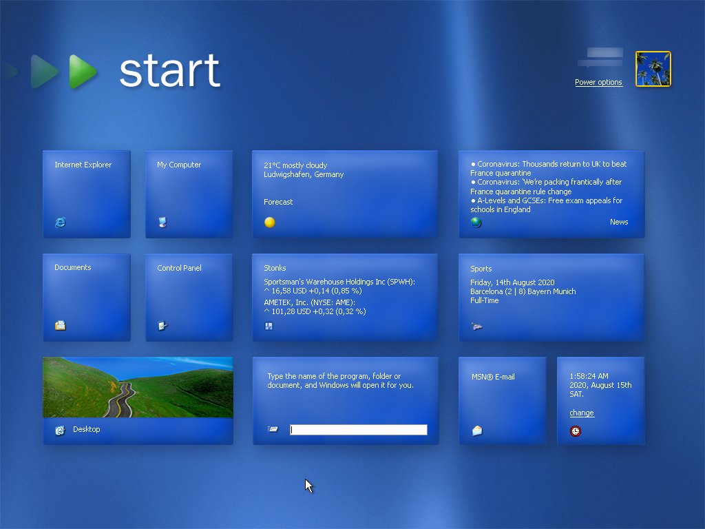 Windows 8.1 Start screen, but it's 2001.

Happy 23rd birthday, Windows XP!