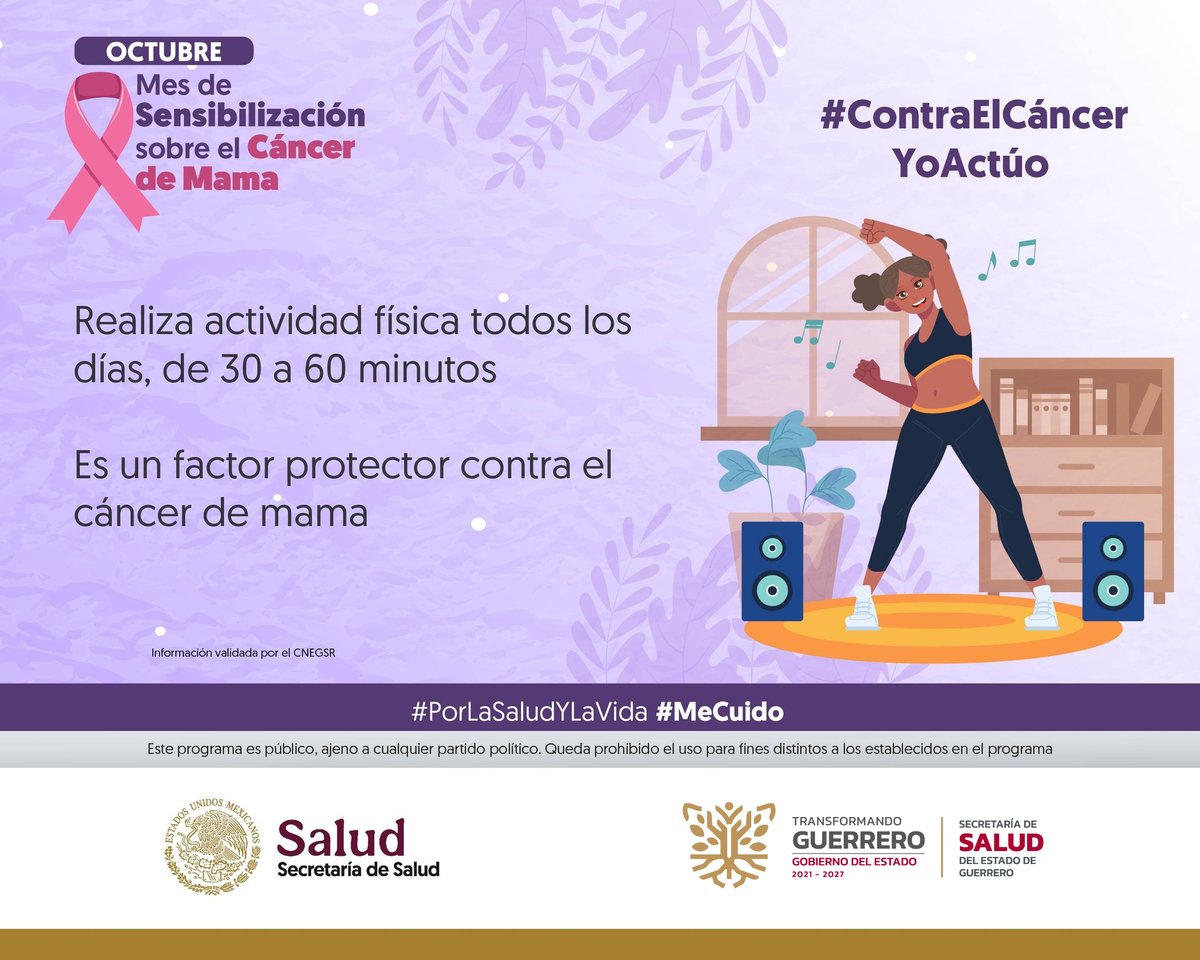 STyPSGuerrero's tweet image. Octubre I Mes de la Sensibilización sobre el #CáncerDeMama 🩺

¡Comienza a moverte hoy mismo y protege tu salud! 🤸⛹️‍♀️🏃‍♀️ 

La actividad física además de ayudarte a mantener un peso saludable, también puede ayudar a reducir el riesgo de cáncer de mama.

 #Observo #Toco #Siento