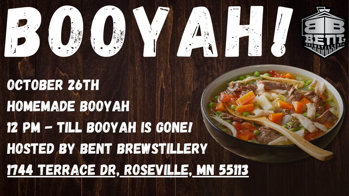 Celebrate the return of chilly weather with some homemade booyah! Stop by the Bent Brewstillery taproom tomorrow (10/26) from 12-6 pm for our Hall-o-ween festival and the annual fall booyah fest!
Info: facebook.com/share/3toY2Nee…