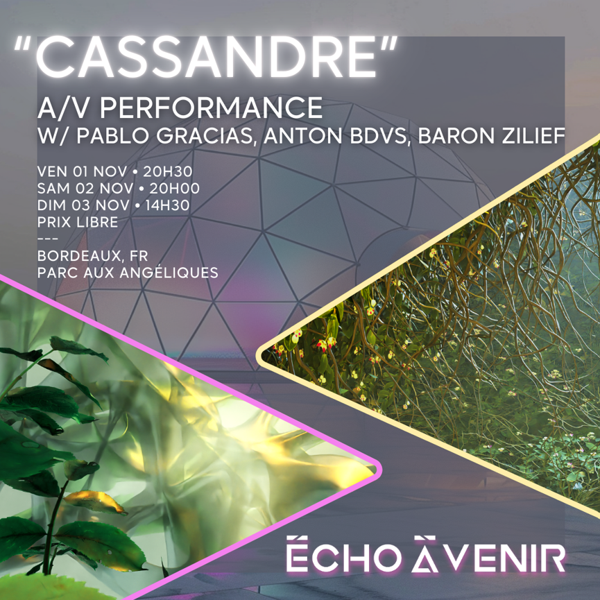 ✨ CASSANDRE - Performance A/V 🎶

CASSANDRE - Performance A/V immersive mêlant vidéo, sound design et poésie, un voyage sensoriel pour repenser notre impact. 

📅 1-3 Nov
📍 Parc aux Angéliques, Bordeaux
🎟️ Billetterie : bit.ly/EAV10_BILLETTE…