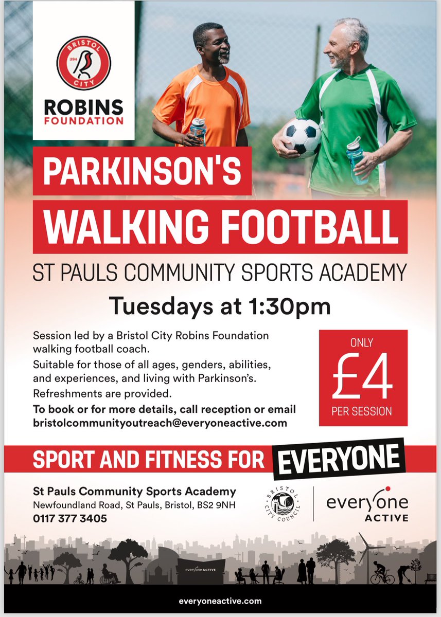 PDwarriorBristl's tweet image. Delighted to be working with @EveryoneActive St Pauls Community Sports Academy and @RobinsFound to bring you Parkinson’s Walking Football.

📅 Tuesdays
⏰ 1:30pm
💰 £4
Starting 5th November
#BristolCity #WalkingFootball #ParkinsonsExercise