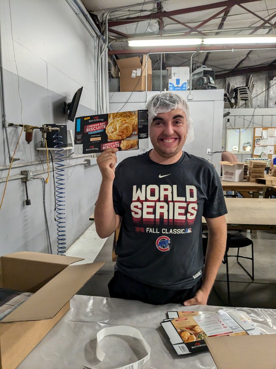 CSSCaresIL's tweet photo. CSS has secured an exciting new work opportunity with @krusteaz labeling product boxes! 🏷️📦 Individuals are gaining valuable experience and loving it—hairnets and all! We’re so proud of their hard work and enthusiasm. Way to go, team! 👏#bepartofthecommunity #buildingskills https://t.co/bfHffE6c8Y
