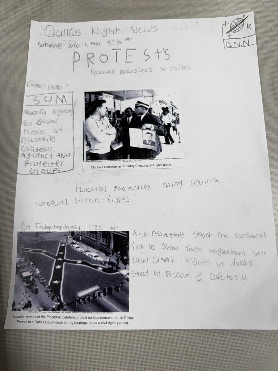 Dallas Holocaust and Human Roghts Museum talked to 5th grade about the Civil Rights Movement in Dallas in 1964. They learned about Clarence Broadnax and Picadilly Cafeteria and created their own newspapers. <a href="/ElementaryHogg/">Hogg New Tech</a> <a href="/DISD_Libraries/">Dallas ISD Libraries</a> <a href="/dhhrm_org/">Dallas Holocaust and Human Rights Museum</a>