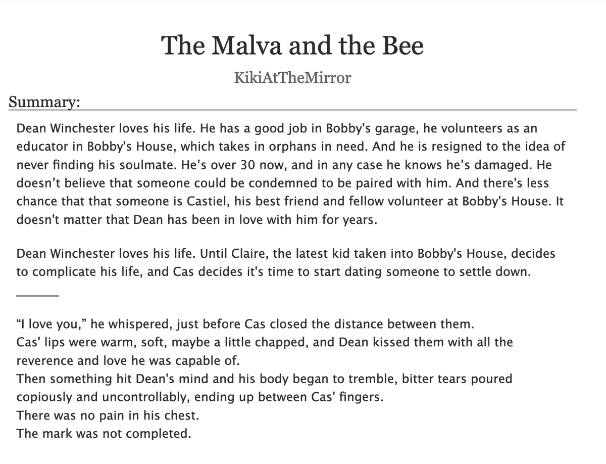 So, I did a thing...this is my fanfic for the Destiel Soulmate Bang

The Malva and the Bee
archiveofourown.org/works/59943049…