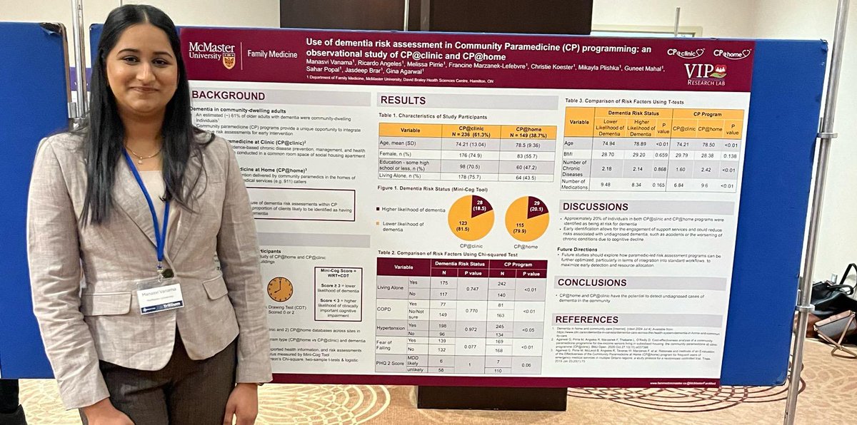 VIP Research Lab (@vipresearchlab) on Twitter photo Today, Dr. <a href="/GinaAgarwall/">Gina Agarwal</a> βs fall practicum student, Manasvi Vanama, is presenting her poster at the 2024 Trillium Primary Health Care Research Day in Toronto. The poster explores dementia risk assessments in the CP@clinic and CP@home Community Paramedicine programs. Today, Dr. <a href="/GinaAgarwall/">Gina Agarwal</a> βs fall practicum student, Manasvi Vanama, is presenting her poster at the 2024 Trillium Primary Health Care Research Day in Toronto. The poster explores dementia risk assessments in the CP@clinic and CP@home Community Paramedicine programs.