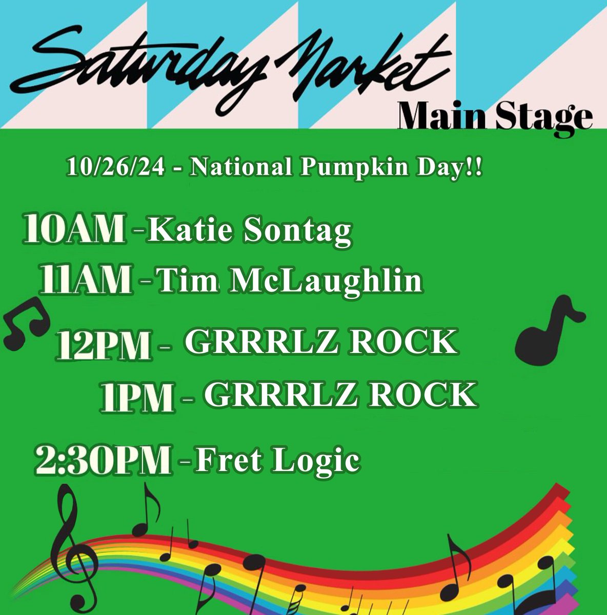 10:00am - Katie Sontag - Indie/ Folk

11:00am - Tim McLaughlin - Singer/
Songwriter/ Looper

12:00pm - GRRRLZ ROCK - Variety

1:00pm - GRRRLZ ROCK - Variety

2:30pm - Fret Logic - Variety

📍The Park Blocks near 8th Ave. &amp; Oak St.
🌧️ Rain or Shines 🌞

#eugenesaturdaymarket