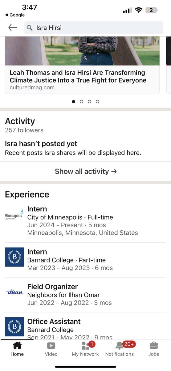 conservativemn's tweet image. Remember when @IlhanMN daughter @israhirsi was kicked out of Barnard College for her violent protest against Jews?   Well, she’s landed as a paid intern at the @CityMinneapolis  @alphanews #tcnt @JoeSoucheray