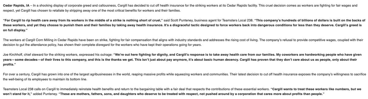 amierrivers's tweet photo. Cargill just cut off striking workers' health insurance in Cedar Rapids.
Statement from Teamsters 238: https://t.co/JKxVgOMZHY