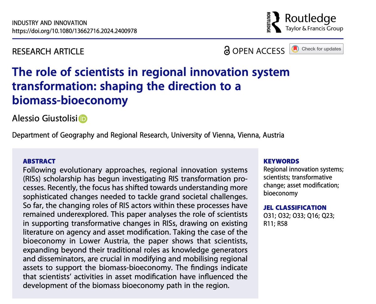 Alessio Giustolisi (@a_giustolisi) on Twitter photo How do scientists support the transformation of regional innovation systems? In my recent publication in <a href="/industry_innova/">Industry & Innovation</a>, I discuss their roles in mobilising regional assets for a regional biomass-bioeconomy 🌳
👉🏻 tandfonline.com/doi/full/10.10… How do scientists support the transformation of regional innovation systems? In my recent publication in <a href="/industry_innova/">Industry & Innovation</a>, I discuss their roles in mobilising regional assets for a regional biomass-bioeconomy 🌳
👉🏻 tandfonline.com/doi/full/10.10…
