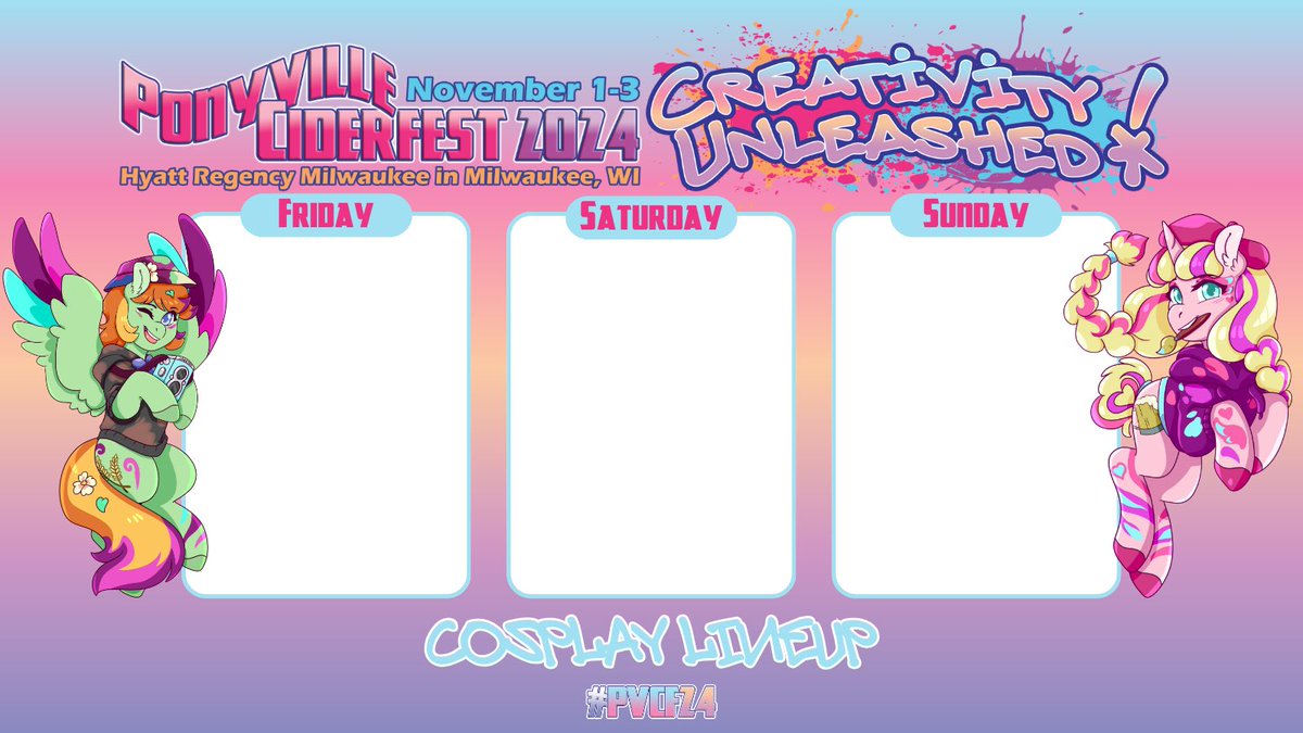 Are YOU 🫵🏻 planning to cosplay at <a href="/PonyCiderfest/">Ponyville Ciderfest</a> next weekend??

If so we want to see! 👀

Use this template and quote retweet with your lineup!! ✨

Let us see your Creativity Unleashed! 🎨

#PVCF24