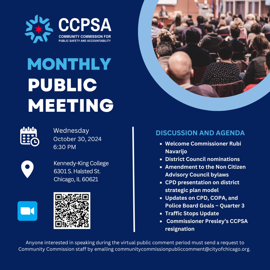 We have a packed agenda for our upcoming public meeting on Wed.  October 30th at Kennedy King College! Commissioner Angel Rubi Navarijo will join us for his first meeting following his recent appointment.
