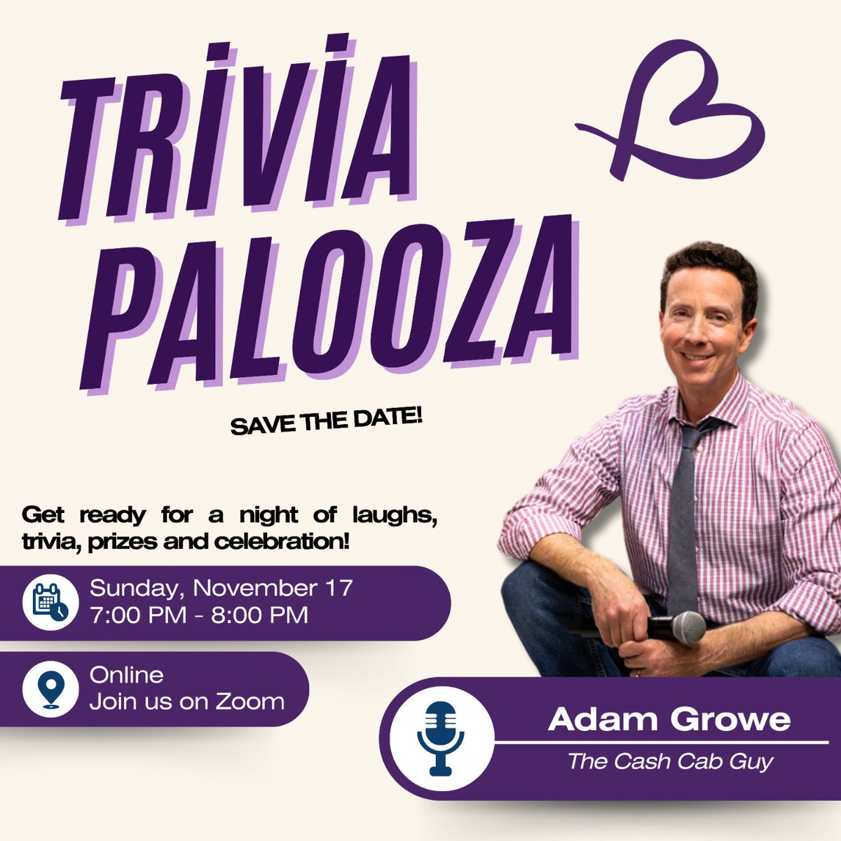 🎉 Save the Date! 🎉 Join us for BALANCE's 40th Anniversary Trivia Palooza with Adam Growe, the Cash Cab Guy! 🧠🚕 Get ready for an epic night of laughs, trivia, and prizes! 🏆
🗓️ Sunday, Nov 17, 7-8 PM
📍 Online via Zoom
Let’s celebrate 40 years of BALANCE! #TriviaPalooza