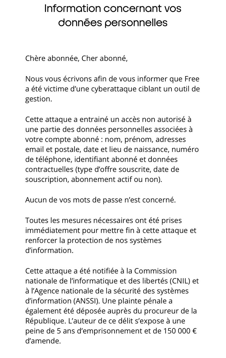 🚨🔴CYBERALERT, 🇫🇷FRANCE 🔴 | Free confirme la fuite de données dans un mail envoyé à ses clients

On parle de 19M de comptes et 5,11M d'IBAN mis en vente par un cybercriminel français sur le "Amazon de la cybercriminalité".

D'après quelques infos reçues en sus, le cybercriminel