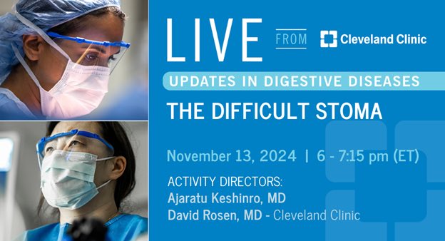 Rita Rys (@ritarys1) on Twitter photo Tune in Nov 13 ā LIVE from Cleveland Clinic: The Difficult Stoma. Join <a href="/AJKesh/">Ajaratu Keshinro</a> <a href="/davidrrosenmd/">David Rosen</a>
@a_bham8 <a href="/joseph_trunzo/">Joseph Trunzo</a> <a href="/CleClinicMD/">Cleveland Clinic MD</a> at this CME MOC event.Ā Intraoperative decision making. Nonoperative and Operative Management. Interactive cases. Register bit.ly/LIVECC2024 Tune in Nov 13 ā LIVE from Cleveland Clinic: The Difficult Stoma. Join <a href="/AJKesh/">Ajaratu Keshinro</a> <a href="/davidrrosenmd/">David Rosen</a>
@a_bham8 <a href="/joseph_trunzo/">Joseph Trunzo</a> <a href="/CleClinicMD/">Cleveland Clinic MD</a> at this CME MOC event.Ā Intraoperative decision making. Nonoperative and Operative Management. Interactive cases. Register bit.ly/LIVECC2024