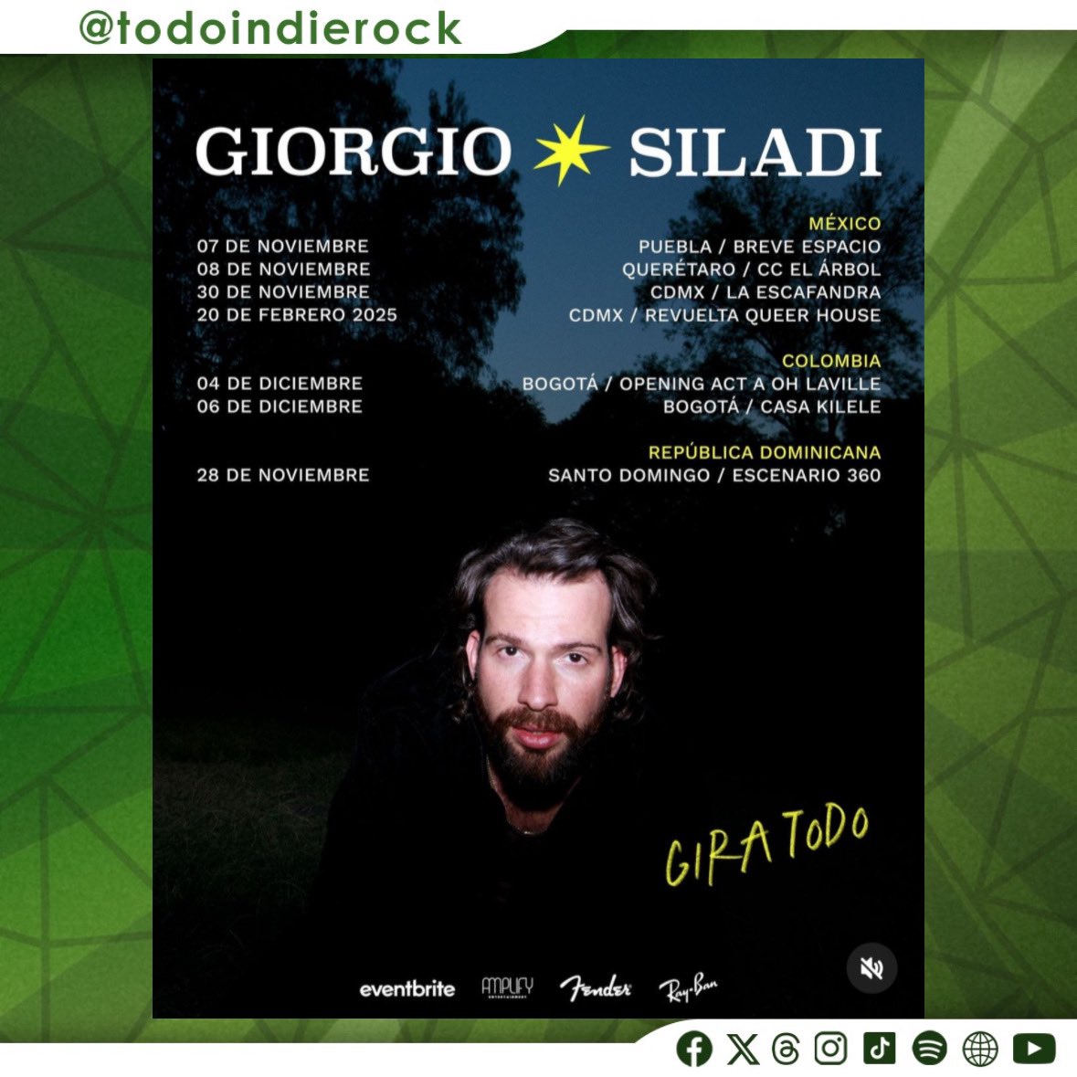 Todo Indie Rock (@todoindierock) on Twitter photo Este próximo 07 de noviembre llega <a href="/giorgiosiladi/">Giorgio Siladi</a> a la capital poblana 🎤👇🏻
🎫 Entradas en <a href="/eventbrite/">Eventbrite</a>
🔗 eventbrite.com/e/giorgio-sila…
📌 Gracias a: <a href="/amplify/">Amplify</a>.entertainment | <a href="/Fender/">Fender</a> | <a href="/breveespaciopue/">Breve Espacio Puebla</a>
#TodoIndieRock Este próximo 07 de noviembre llega <a href="/giorgiosiladi/">Giorgio Siladi</a> a la capital poblana 🎤👇🏻
🎫 Entradas en <a href="/eventbrite/">Eventbrite</a>
🔗 eventbrite.com/e/giorgio-sila…
📌 Gracias a: <a href="/amplify/">Amplify</a>.entertainment | <a href="/Fender/">Fender</a> | <a href="/breveespaciopue/">Breve Espacio Puebla</a>
#TodoIndieRock