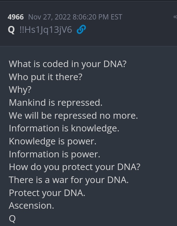 mememe4eva's tweet image. this is the "default" Qdrop when opening QAlerts. 

THERE IS A WAR FOR YOUR DNA. #Q #TI #SavingHumanity