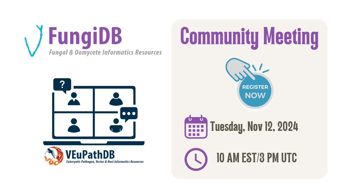 fungidb's tweet image. #VEuPathDB is hosting a community meeting for #FungiDB users to discuss plans for the future and answer your questions. 
🗓️Tuesday November 12, 2024
⏰10 AM EST/ 3 PM UTC
Register here: tinyurl.com/fungidbcommuni…
#fungi #pathogen #fungal #mycology @veupathdb #databases #health @WHO