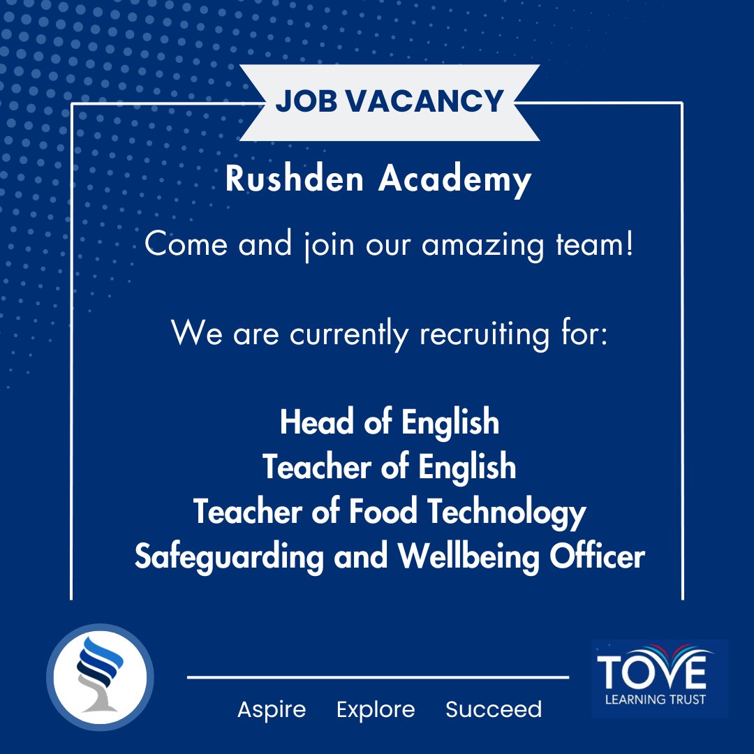 Come and join our amazing team!

Have a look at our website for more information. DM for further details and to arrange an informal discussion and/or tour of the school. rushden-academy.net/about-us/vacan…

#TeamRushden #AspireExploreSucceed