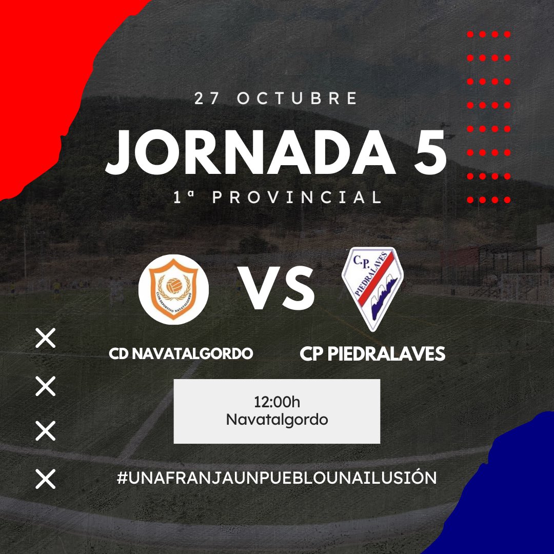 ⚽️ PRIMERA PROVINCIAL - JORNADA 4

✈️ Este domingo visitamos el siempre difícil campo del CD Navatalgordo.

🕓 Partido programado para este domingo día 27 de octubre a las 12:00h.

🏟 La Casquera - Navatalgordo.

¡SOMOS EQUIPO! ⚪️♥️⚪️
#unafranjaunpueblounailusion