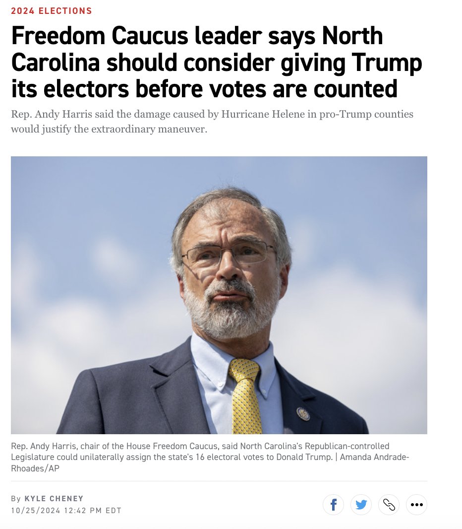 NEW: House Freedom Caucus Chairman Andy Harris said last night that North Carolina legislators should consider awarding their state's electors to Donald Trump before votes are counted, due to the impact of Hurricane Helene. 

politico.com/news/2024/10/2…