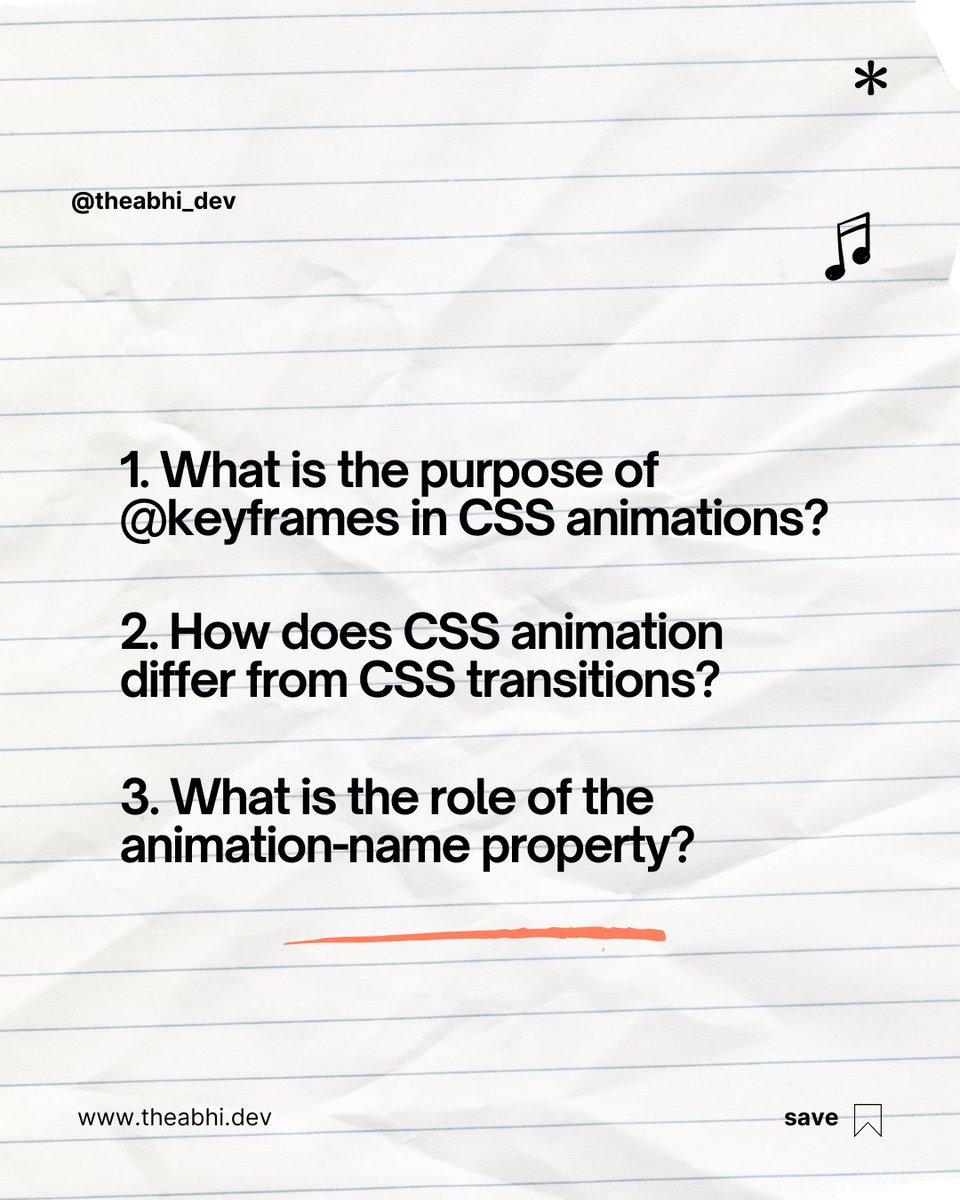 theabhi_dev's tweet image. ❓ Ready for some CSS animations interview prep? Test your knowledge of @keyframes, properties, and how animations enhance user experience.
#CSSInterview #AnimationProperties #FrontendDev #MERNbyNewYear #75DaysMERNChallenge